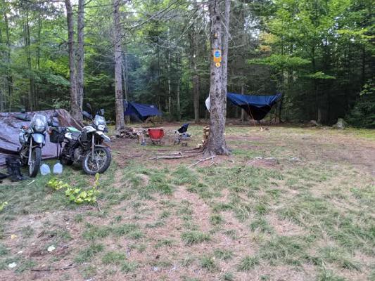 2 bikes, 2 hammocks, 2 brothers at a campsite in the woods.